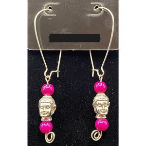 Handmade Buddha & Magenta Pink Black Striped Beads Earrings by Neanie-Bot